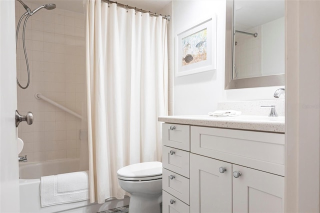 full bathroom featuring vanity, shower / bath combination with curtain, and toilet