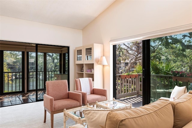 living room with carpet floors, vaulted ceiling, a healthy amount of sunlight, and a water view