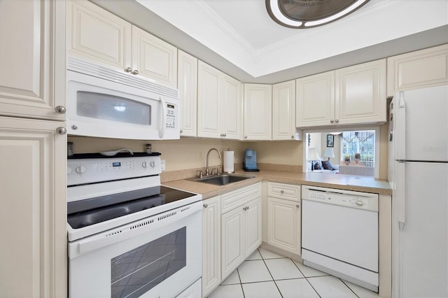 kitchen featuring light tile patterned flooring, white cabinetry, sink, ornamental molding, and white appliances