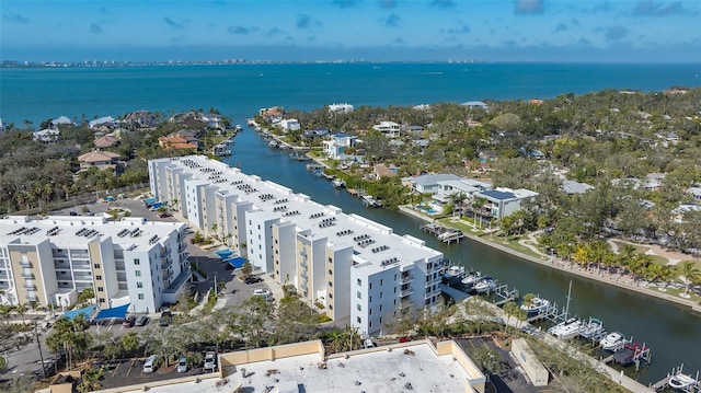 bird's eye view with a water view