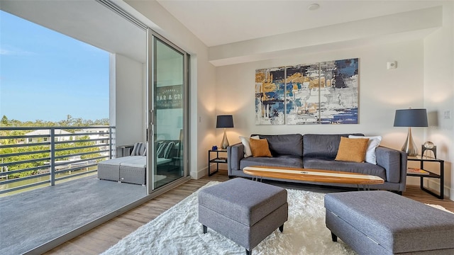 living area featuring light wood-type flooring and baseboards