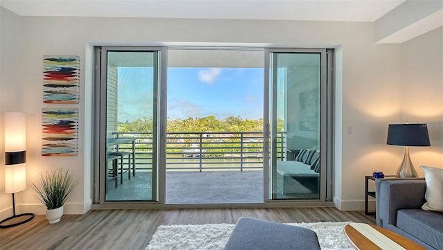 doorway to outside featuring light wood-type flooring and baseboards