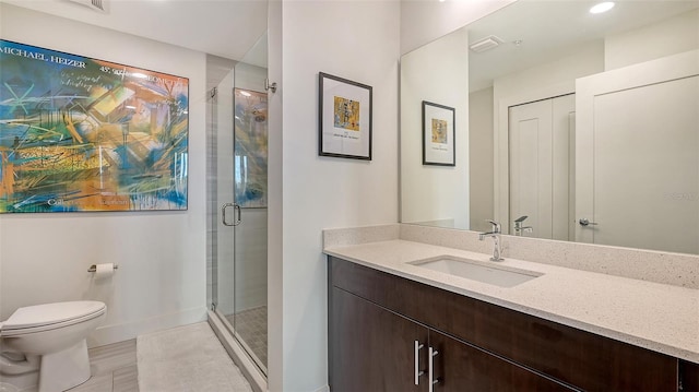 full bath featuring visible vents, baseboards, toilet, vanity, and a shower stall