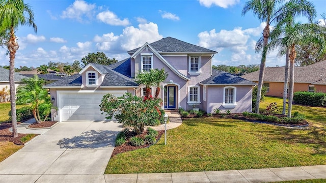 view of property featuring a garage and a front lawn