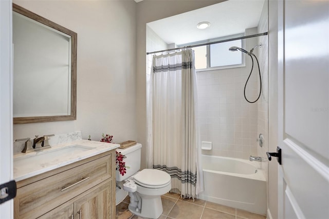 full bathroom with vanity, shower / tub combo, tile patterned floors, and toilet