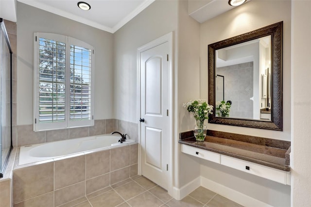 bathroom featuring ornamental molding, separate shower and tub, tile patterned floors, and vanity