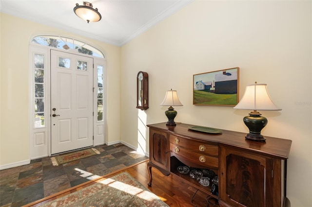 foyer featuring ornamental molding and dark hardwood / wood-style flooring