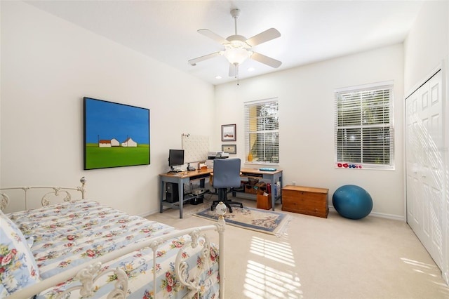 bedroom with multiple windows, light colored carpet, and a closet