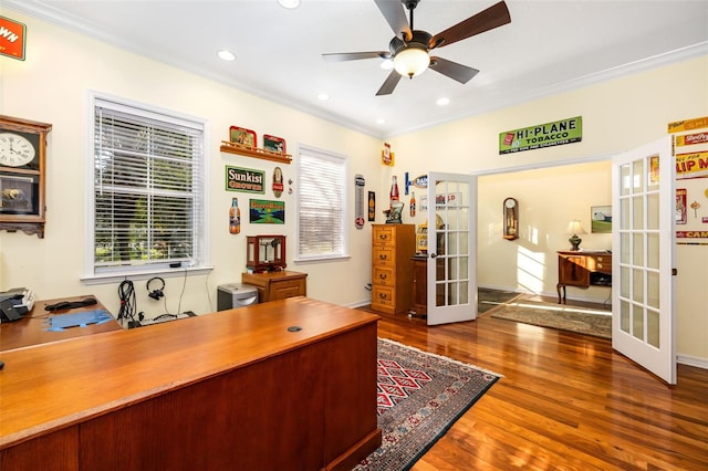 home office with french doors, ceiling fan, ornamental molding, and dark hardwood / wood-style flooring