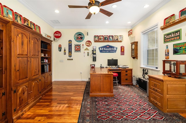 office space featuring ceiling fan, ornamental molding, and dark hardwood / wood-style flooring