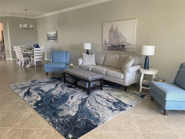 living room featuring tile patterned floors, crown molding, and a notable chandelier