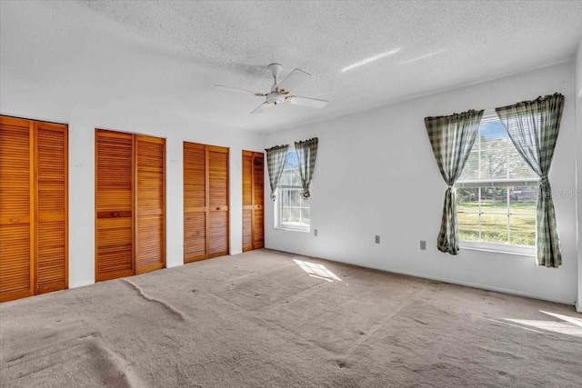 unfurnished bedroom with multiple windows, multiple closets, and carpet flooring