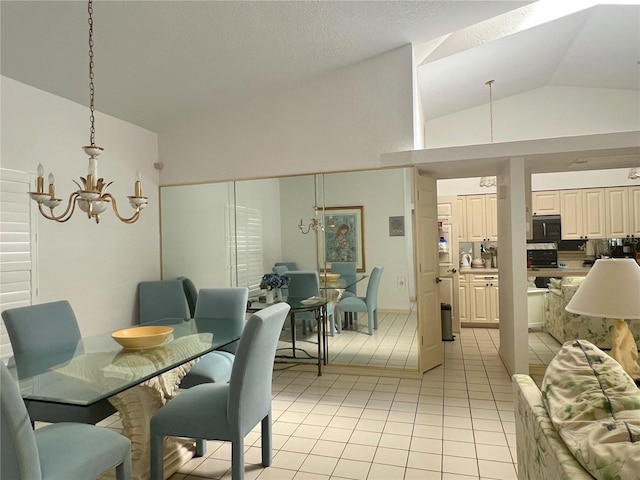 tiled dining area featuring a notable chandelier and vaulted ceiling