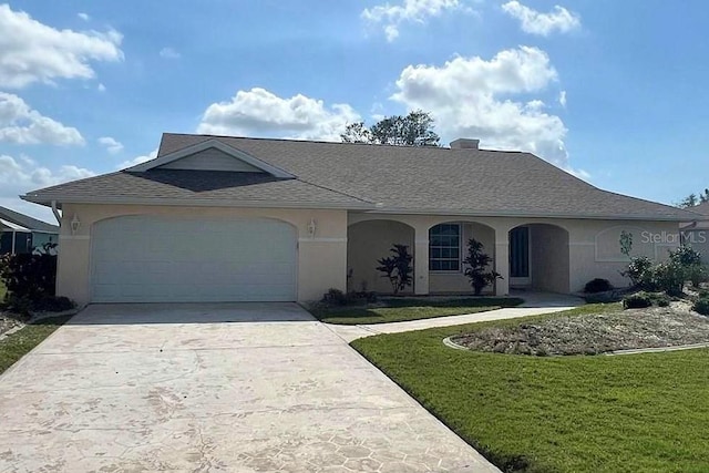 view of front of house featuring stucco siding, a front lawn, concrete driveway, and a garage