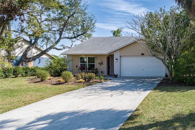 ranch-style home featuring driveway, an attached garage, a front yard, and brick siding