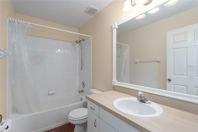 full bath with visible vents, shower / bathtub combination with curtain, toilet, and vanity