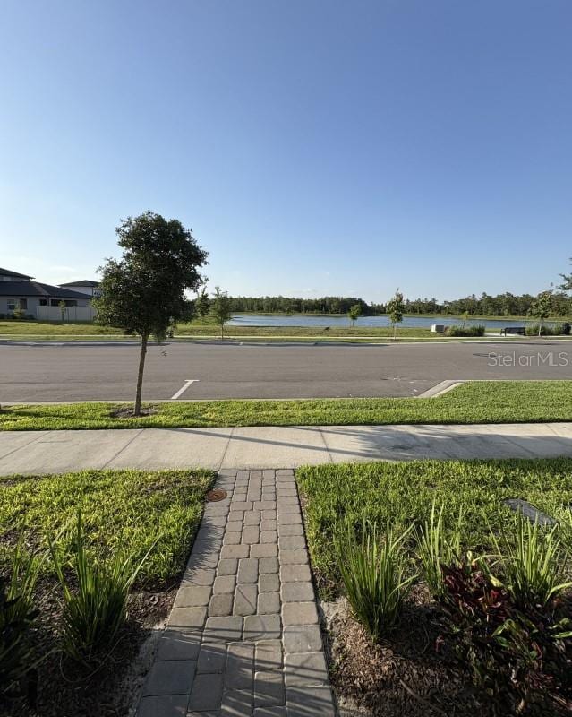 view of road with a water view and sidewalks