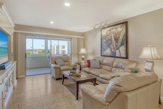 tiled living room with track lighting