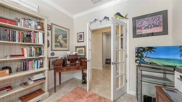 tiled office featuring ornamental molding and french doors