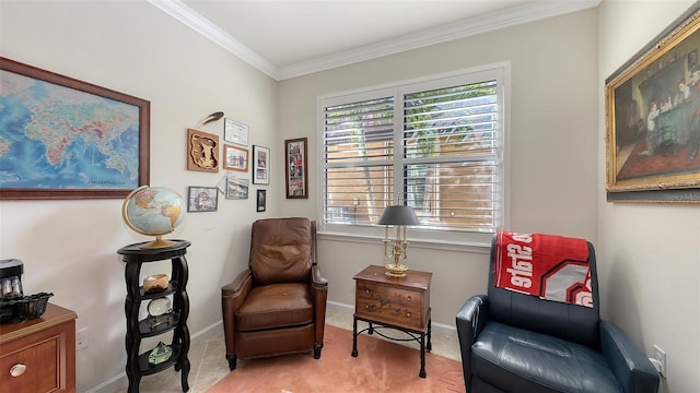 sitting room with light colored carpet and ornamental molding