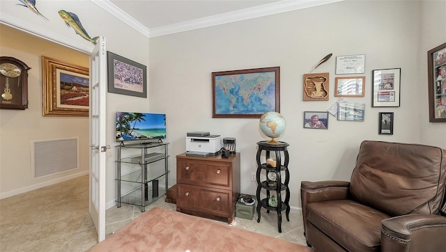 living area with crown molding