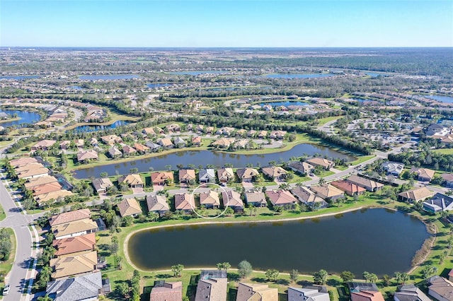 bird's eye view with a water view