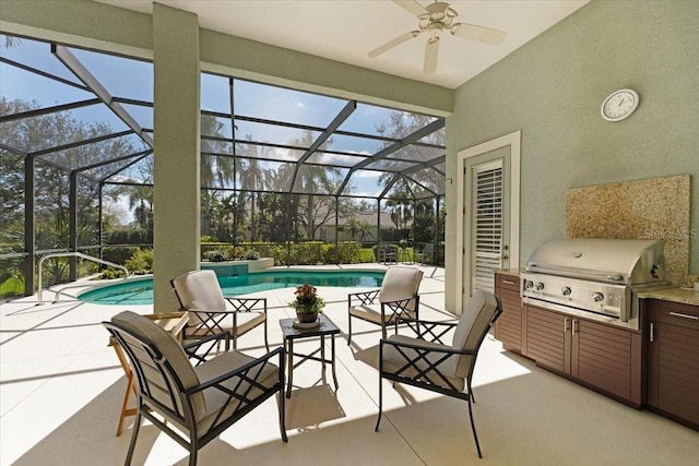 view of patio / terrace with glass enclosure, a grill, a ceiling fan, exterior kitchen, and an outdoor pool