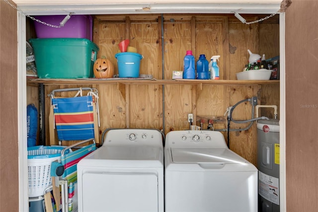 washroom featuring washer and dryer, laundry area, and electric water heater