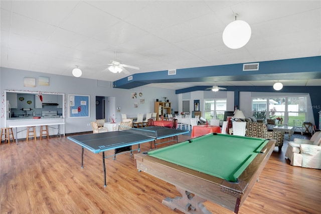 playroom featuring visible vents, ceiling fan, billiards, and wood finished floors