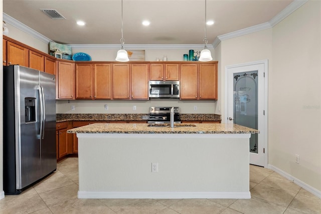 kitchen featuring appliances with stainless steel finishes, stone counters, a sink, and visible vents
