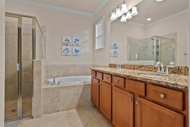 bathroom with crown molding, a sink, a shower stall, and a bath