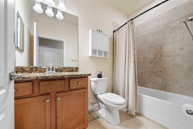 bathroom with tile patterned flooring, shower / tub combo with curtain, vanity, and toilet