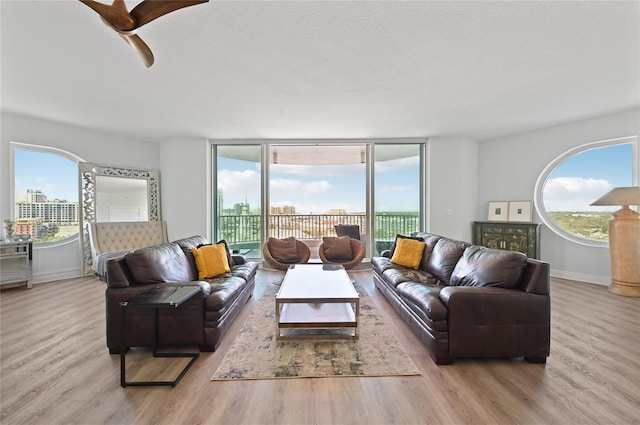 living room with baseboards, wood finished floors, a view of city, a textured ceiling, and floor to ceiling windows