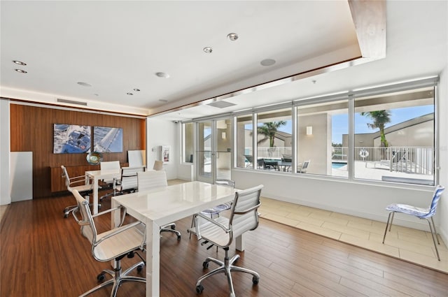 office with baseboards, wood finished floors, and recessed lighting