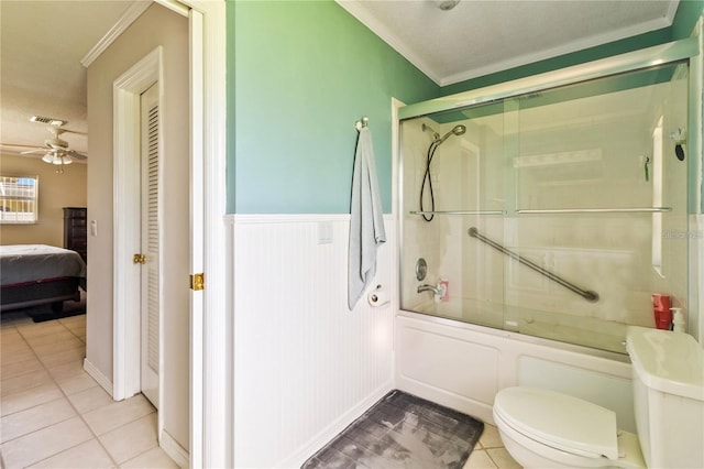 bathroom with enclosed tub / shower combo, ornamental molding, tile patterned floors, and ceiling fan