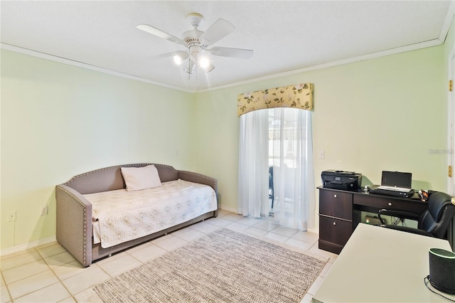 tiled bedroom featuring ornamental molding and ceiling fan