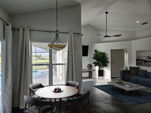 1211 Peridot Ln, Sun City Center, FL 33573 - dining area featuring a ceiling fan, high vaulted ceiling, visible vents, and baseboards