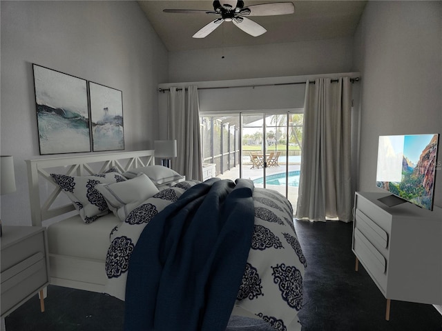 1211 Peridot Ln, Sun City Center, FL 33573 - bedroom featuring access to outside, a ceiling fan, and lofted ceiling