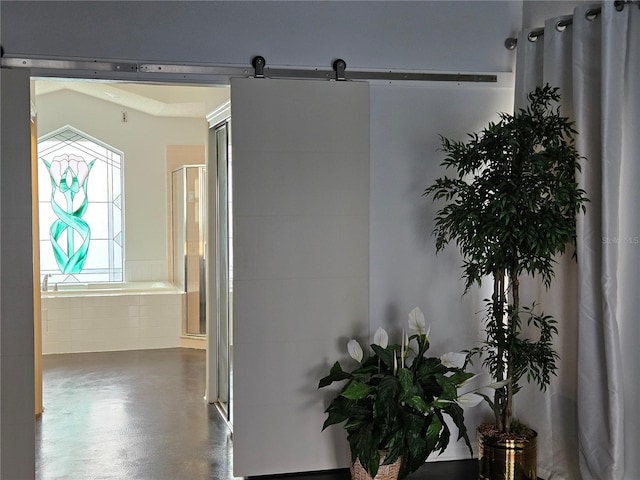 1211 Peridot Ln, Sun City Center, FL 33573 - hallway with concrete flooring and a barn door