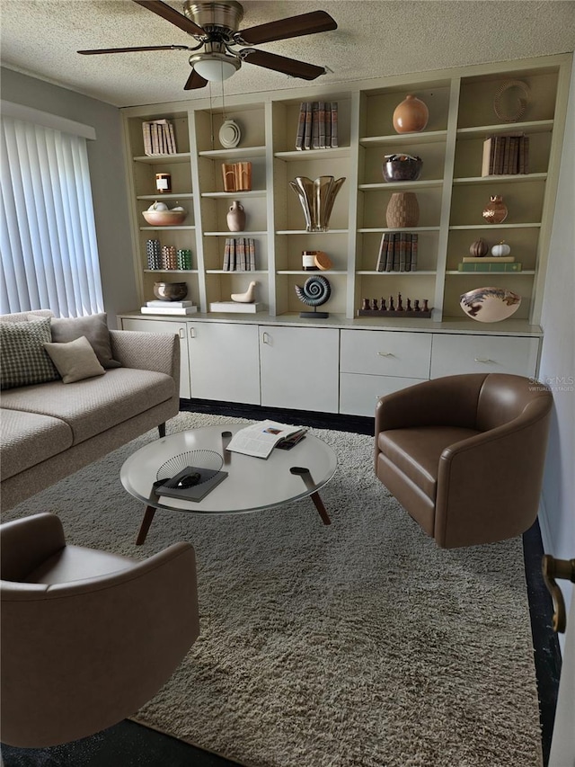 1211 Peridot Ln, Sun City Center, FL 33573 - living area with a textured ceiling, ceiling fan, and carpet