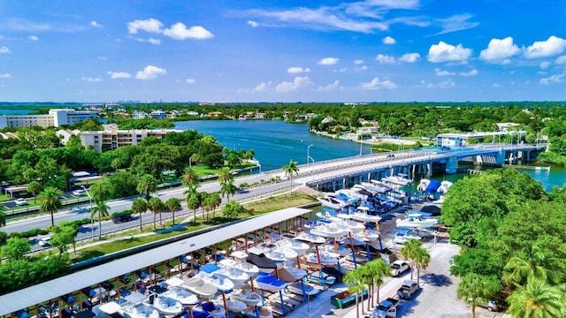 drone / aerial view featuring a water view