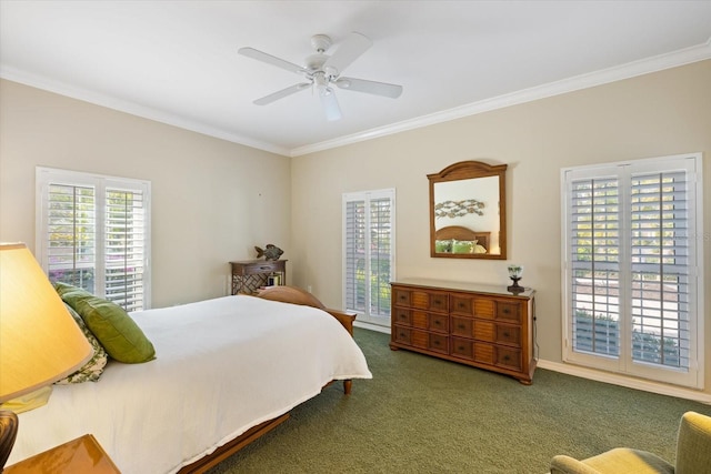 carpeted bedroom featuring crown molding and ceiling fan