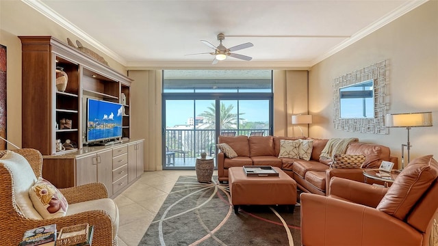 living room with a healthy amount of sunlight, crown molding, and light tile patterned floors