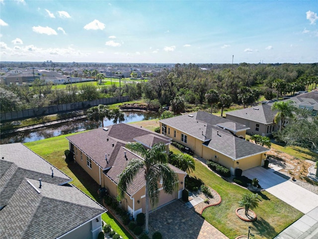 drone / aerial view featuring a water view