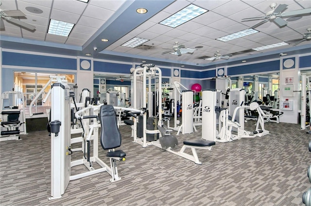 7649 Quinto Dr, Sarasota, FL 34238 - gym with carpet flooring, a ceiling fan, and a drop ceiling