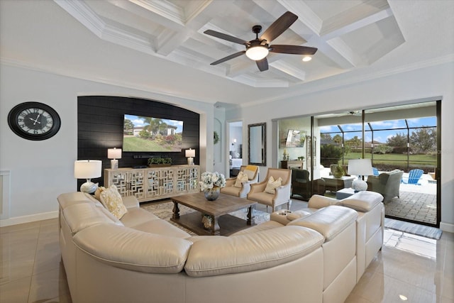 living room featuring coffered ceiling, light tile patterned floors, beam ceiling, and ornamental molding