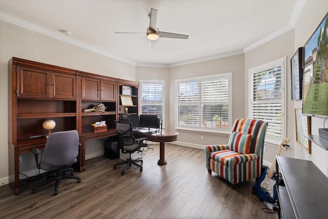 home office featuring ceiling fan, ornamental molding, dark hardwood / wood-style flooring, and a textured ceiling