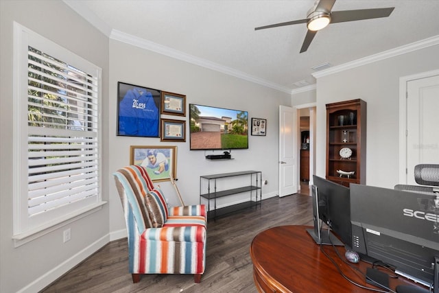 home office with crown molding, dark wood-type flooring, and ceiling fan