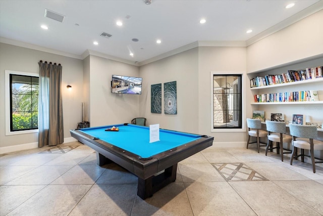 playroom featuring crown molding, light tile patterned floors, and billiards