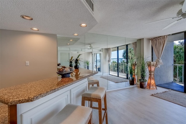 interior space featuring light wood finished floors, ceiling fan, a wall of windows, and stone countertops